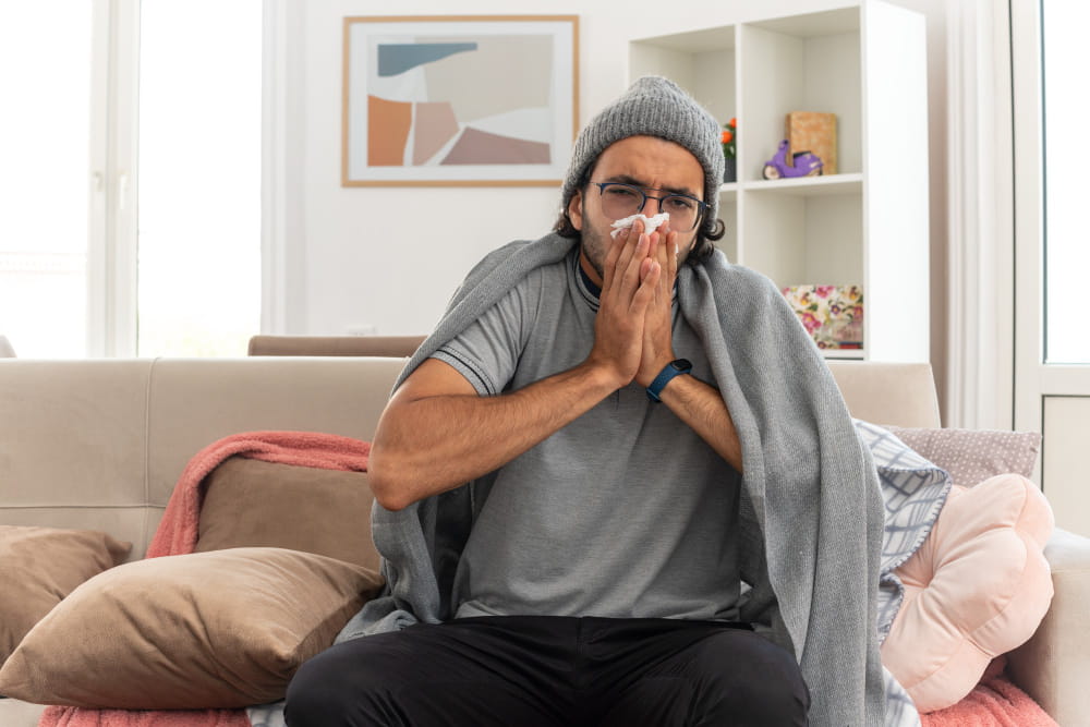 A sick man wearing a beanie and glasses sits on a couch wrapped in a grey blanket while blowing his nose with a tissue, illustrating how poor HVAC maintenance can affect respiratory health.