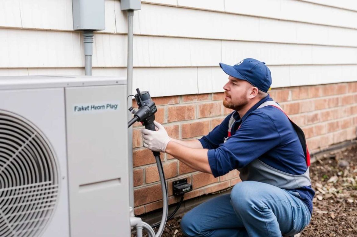 Professional technician inspecting an outdoor HVAC unit using specialized diagnostic equipment.